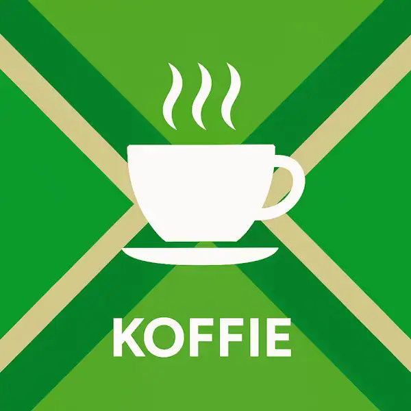 Wit pictogram van een dampende koffiekop op een schotel, met daaronder de tekst “KOFFIE” in hoofdletters, geplaatst op de vlag van de Achterhoek met donkergroene diagonale kruisen en roomwitte lijnen op een lichtgroene achtergrond.