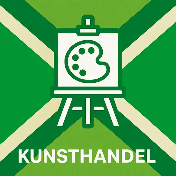Wit pictogram van een schildersezel met schilderspalet, met daaronder de tekst “KUNSTHANDEL” in hoofdletters, geplaatst op de vlag van de Achterhoek met donkergroene diagonale kruisen en roomwitte lijnen op een lichtgroene achtergrond.