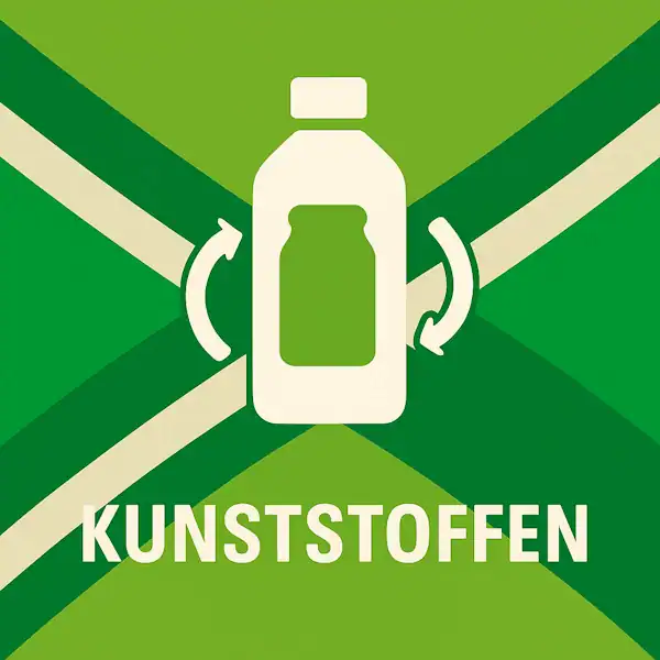 Wit pictogram van een plastic fles met cirkelvormige pijlen als symbool voor kunststoffen, met daaronder de tekst “KUNSTSTOFFEN” in hoofdletters, geplaatst op de vlag van de Achterhoek met donkergroene diagonale kruisen en roomwitte lijnen op een lichtgroene achtergrond.
