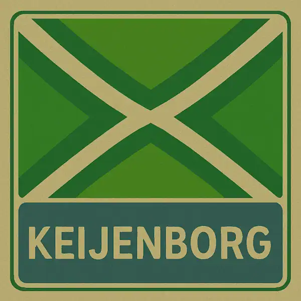 Plaatsnaambord met de tekst "KEIJENBORG" in witte hoofdletters op een blauw vlak, met daarboven een groene vlag met een crèmekleurig kruispatroon.