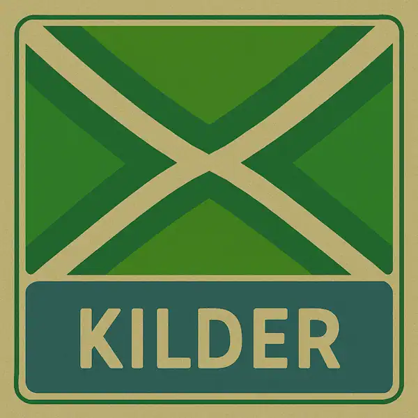 Plaatsnaambord met de tekst "KILDER" in witte hoofdletters op een blauw vlak, met daarboven een groene vlag met een crèmekleurig kruispatroon.