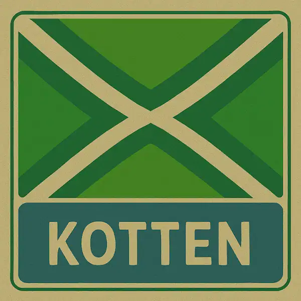 Plaatsnaambord met de tekst "KOTTEN" in witte hoofdletters op een blauw vlak, met daarboven een groene vlag met een crèmekleurig kruispatroon.