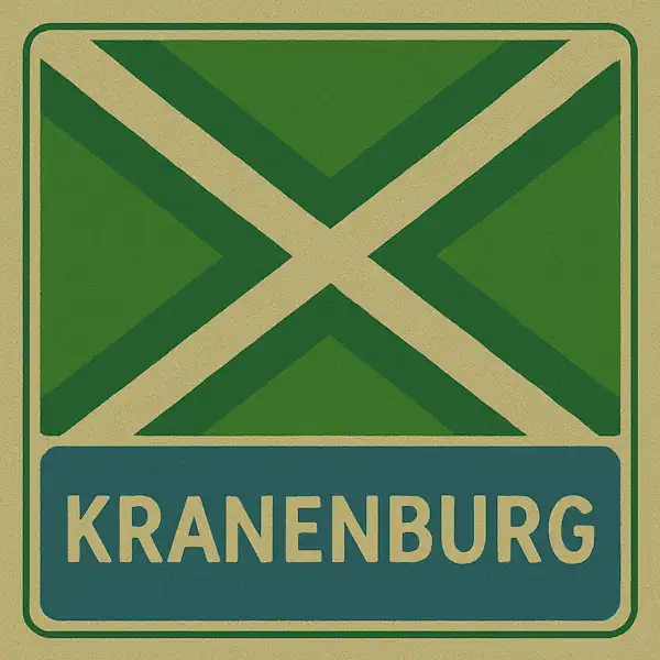 Plaatsnaambord met de tekst "KRANENBURG" in witte hoofdletters op een blauw vlak, met daarboven een groene vlag met een crèmekleurig kruispatroon.
