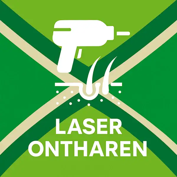 Wit pictogram van een laserapparaat gericht op haartjes in de huid, met daaronder de tekst “LASER ONTHAREN” in hoofdletters, geplaatst op de vlag van de Achterhoek met donkergroene diagonale kruisen en roomwitte lijnen op een lichtgroene achtergrond.