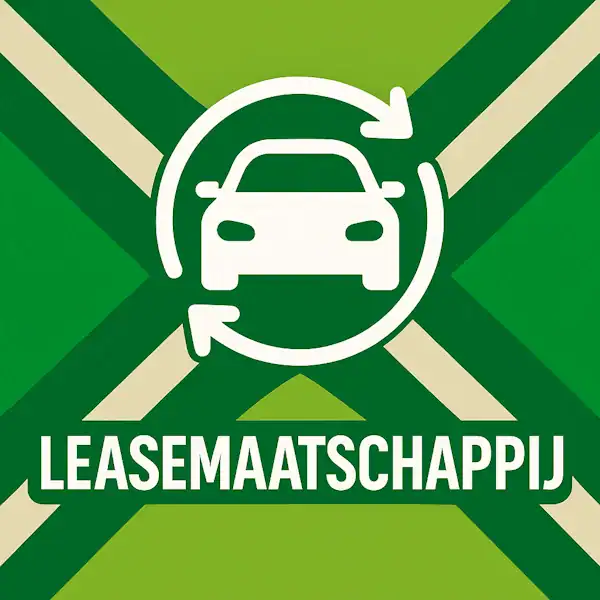 Wit pictogram van een auto omcirkeld door pijlen als symbool voor lease, met daaronder de tekst “LEASEMAATSCHAPPIJ” in hoofdletters, geplaatst op de vlag van de Achterhoek met donkergroene diagonale kruisen en roomwitte lijnen op een lichtgroene achtergrond