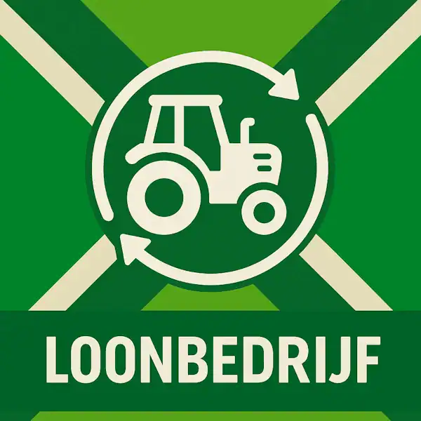 Logo voor loonbedrijf: een wit tractoricoon met cirkelvormige pijlen eromheen, geplaatst op de correcte Achterhoekse vlag met lichtgroene en donkergroene diagonale banen en roomwitte kruisen, met daaronder de tekst LOONBEDRIJF in hoofdletters op een donkergroene balk over de volledige breedte.