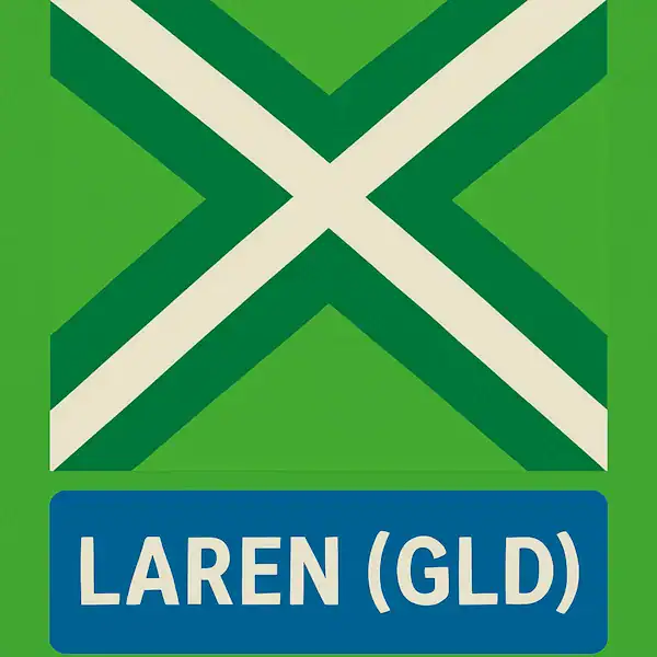 Plaatsnaambord met de tekst "LAREN (GLD)" in witte hoofdletters op een blauwe balk. Daarboven een vlag met lichtgroene achtergrond, een wit St. Andrieskruis gecentreerd in een donkergroen kruispatroon — overeenkomstig het originele vlagontwerp.