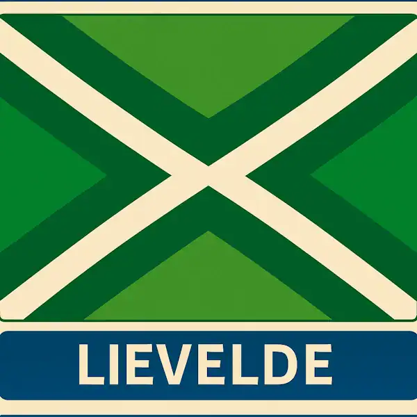 Plaatsnaambord met de tekst "LIEVELDE" in witte hoofdletters op een blauw vlak, met daarboven een groene vlag met een wit kruis, omlijst door een donkergroen kruispatroon.