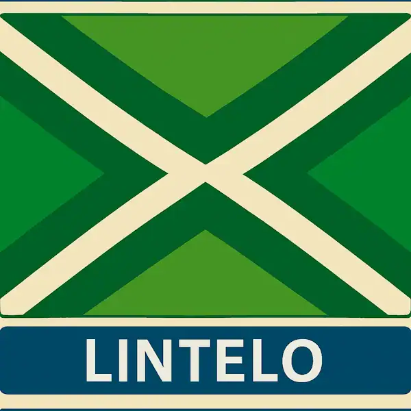 Plaatsnaambord met de tekst "LINTELO" in witte hoofdletters op een blauw vlak, met daarboven een groene vlag met een wit kruis, omlijst door een donkergroen kruispatroon.