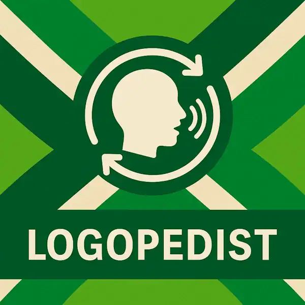 Logo voor logopedist: een wit icoon van een profielhoofd met spraakgolven, omringd door cirkelvormige pijlen, geplaatst op de correcte Achterhoekse vlag met lichtgroene en donkergroene diagonale banen en roomwitte kruisen, met daaronder de tekst LOGOPEDIST in hoofdletters op een donkergroene balk over de volledige breedte.