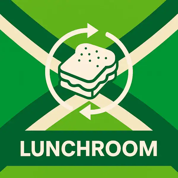 Logo voor lunchroom: een wit sandwichicoon met cirkelvormige pijlen eromheen, geplaatst op de correcte Achterhoekse vlag met lichtgroene en donkergroene diagonale banen en roomwitte kruisen, met daaronder de tekst LUNCHROOM in hoofdletters op een donkergroene balk over de volledige breedte.