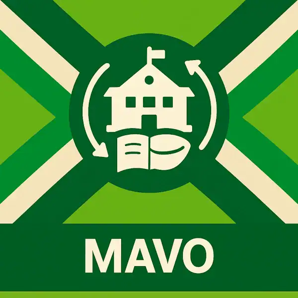 Logo voor MAVO: een wit schoolgebouw en diploma, omringd door cirkelvormige pijlen, geplaatst op de correcte Achterhoekse vlag met lichtgroene en donkergroene diagonale banen en roomwitte kruisen, met daaronder de tekst MAVO in hoofdletters op een donkergroene balk over de volledige breedte.