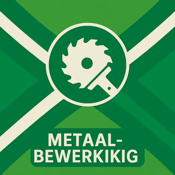 Vierkant logo (600x600) voor de categorie "Metaalbewerking" op AchterhoekInformatie.nl, met een wit pictogram van een cirkelzaag in een groene cirkel op de Achterhoekse vlag. De tekstbalk is donkergroen met witte hoofdletters "METAALBEWERKING", en de crèmekleurige elementen zijn wit gemaakt.