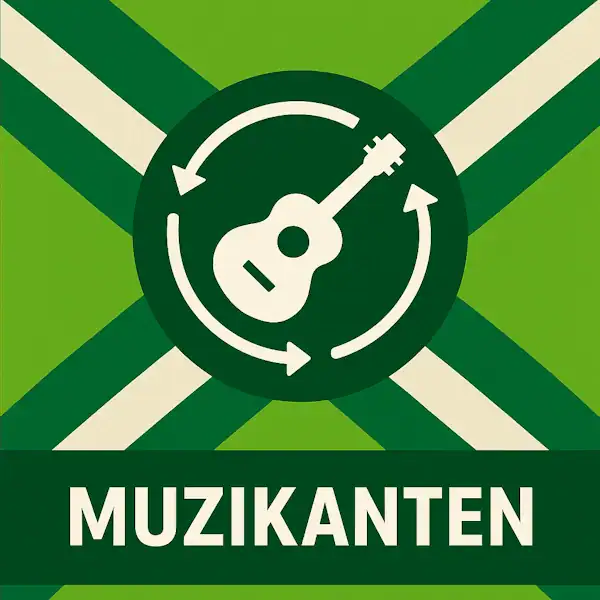Logo voor muzikanten: een wit gitaaricoon omringd door cirkelvormige pijlen, geplaatst op de correcte Achterhoekse vlag met lichtgroene en donkergroene diagonale banen en helderwitte kruisen, met daaronder de tekst MUZIKANTEN in hoofdletters op een donkergroene balk over de volledige breedte.