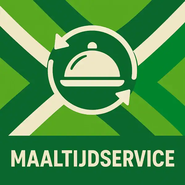 Logo voor maaltijdservice: een wit serveerschaalicoon met cloche en cirkelvormige pijlen eromheen, geplaatst op de correcte Achterhoekse vlag met lichtgroene en donkergroene diagonale banen en roomwitte kruisen, met daaronder de tekst MAALTIJDSERVICE in hoofdletters op een donkergroene balk over de volledige breedte.