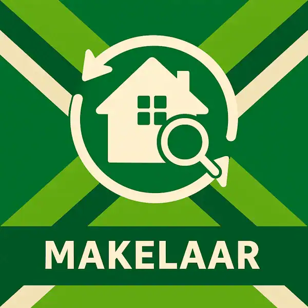 Logo voor makelaar: een wit huisicoon met vergrootglas en cirkelvormige pijlen eromheen, geplaatst op de correcte Achterhoekse vlag met lichtgroene en donkergroene diagonale banen en roomwitte kruisen, met daaronder de tekst MAKELAAR in hoofdletters op een donkergroene balk over de volledige breedte.