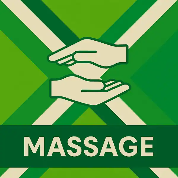 Logo voor massage: een wit pictogram van twee gestileerde handen boven een persoon in ontspanning, omringd door cirkelvormige pijlen, geplaatst op de correcte Achterhoekse vlag met lichtgroene en donkergroene diagonale banen en roomwitte kruisen, met daaronder de tekst MASSAGE in hoofdletters op een donkergroene balk over de volledige breedte.