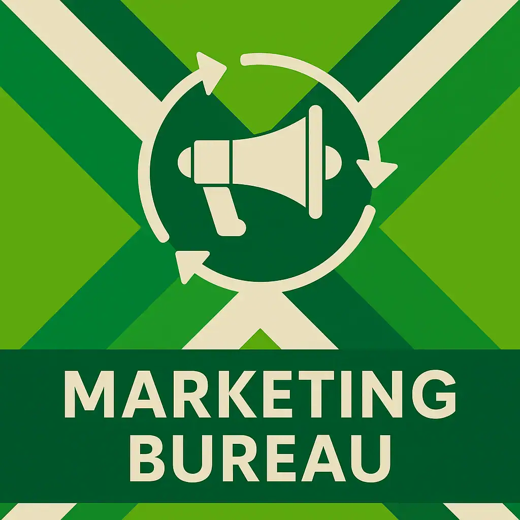 Logo voor marketing bureau: een wit megafonicoon met cirkelvormige pijlen eromheen, geplaatst op de correcte Achterhoekse vlag met lichtgroene en donkergroene diagonale banen en roomwitte kruisen, met daaronder de tekst MARKETING BUREAU in hoofdletters op een donkergroene balk over de volledige breedte.