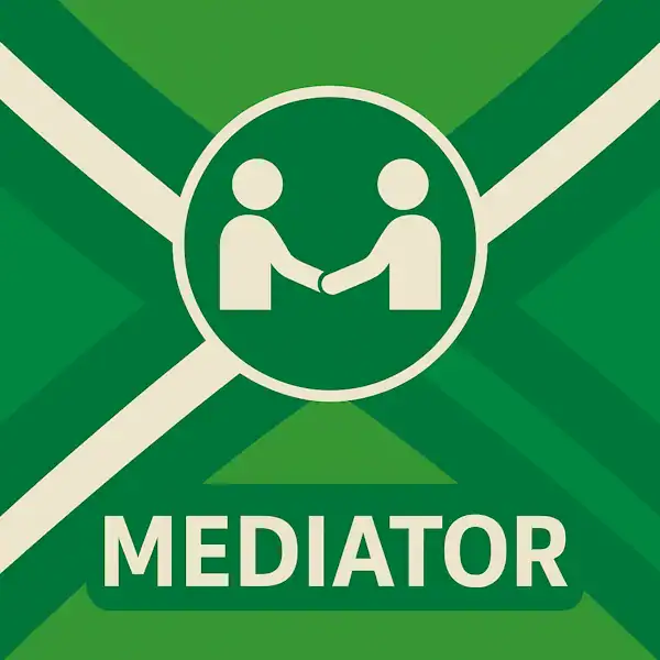Vierkant logo (600x600) voor de categorie "Mediator" op AchterhoekInformatie.nl, met een wit pictogram van twee figuren die elkaar de hand schudden in een groene cirkel op de Achterhoekse vlag. De tekstbalk is donkergroen met witte hoofdletters "MEDIATOR", en de crèmekleurige elementen zijn wit gemaakt.