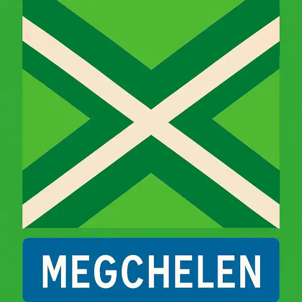 Plaatsnaambord met de tekst "MEGCHELEN" in kleinere, witte hoofdletters op een blauwe balk. Daarboven een vlag met lichtgroene achtergrond, een wit St. Andrieskruis gecentreerd in een donkergroen kruispatroon — volgens het originele vlagontwerp.
