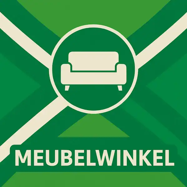 Vierkant logo (600x600) voor de categorie "Meubelwinkel" op AchterhoekInformatie.nl, met een wit pictogram van een bankstel in een groene cirkel op de Achterhoekse vlag. De tekstbalk is donkergroen met witte hoofdletters "MEUBELWINKEL", en de crèmekleurige elementen zijn wit gemaakt.