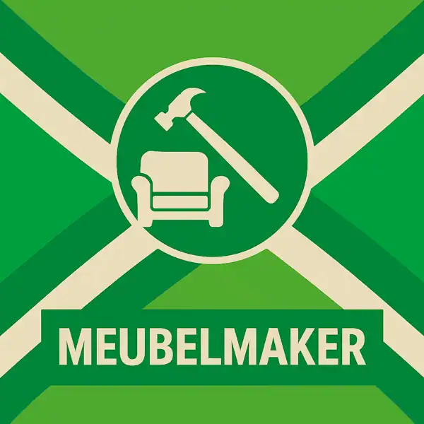 Vierkant logo (600x600) voor de categorie "Meubelmaker" op AchterhoekInformatie.nl, met een wit pictogram van een fauteuil en hamer in een donkergroene cirkel op de correcte Achterhoekse vlag. De tekstbalk is donkergroen met witte hoofdletters "MEUBELMAKER", en alle crèmekleurige elementen zijn wit gemaakt.