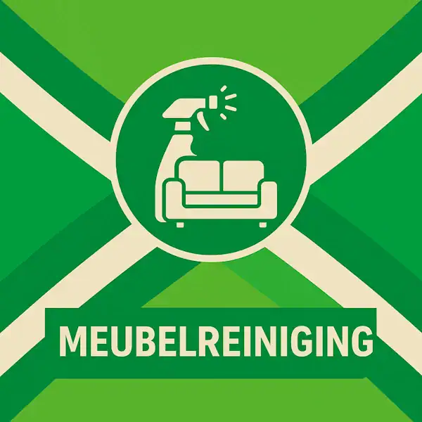 Vierkant logo (600x600) voor de categorie "Meubelreiniging" op AchterhoekInformatie.nl, met een wit pictogram van een sprayfles boven een bank in een donkergroene cirkel op de correcte Achterhoekse vlag. De tekstbalk is donkergroen met witte hoofdletters "MEUBELREINIGING", en alle crèmekleurige elementen zijn wit gemaakt.
