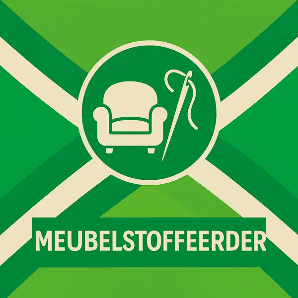 Vierkant logo (600x600) voor de categorie "Meubelstoffeerder" op AchterhoekInformatie.nl, met een wit pictogram van een fauteuil en naald in een donkergroene cirkel op de correcte Achterhoekse vlag. De tekstbalk is donkergroen met witte hoofdletters "MEUBELSTOFFEERDER", en alle crèmekleurige elementen zijn wit gemaakt.