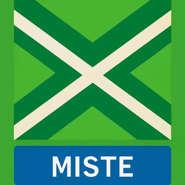 Plaatsnaambord met de tekst "MISTE" in witte hoofdletters op een blauwe balk. Daarboven een vlag met lichtgroene achtergrond, een wit St. Andrieskruis gecentreerd in een donkergroen kruispatroon — overeenkomstig het originele vlagontwerp.