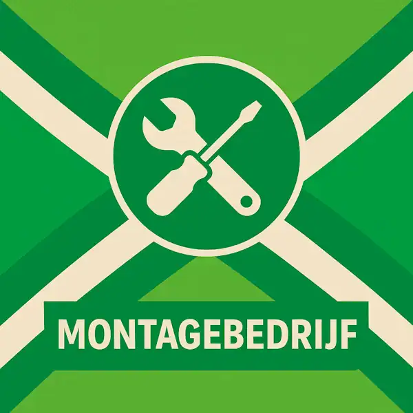 Vierkant logo (600x600) voor de categorie "Montagebedrijf" op AchterhoekInformatie.nl, met een wit pictogram van een schroevendraaier en moersleutel in een donkergroene cirkel op de correcte Achterhoekse vlag. De tekstbalk is donkergroen met witte hoofdletters "MONTAGEBEDRIJF", en alle crèmekleurige elementen zijn wit gemaakt.
