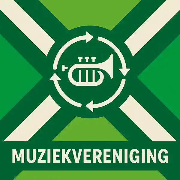 Logo voor muziekvereniging: een wit icoon van een trompet omringd door cirkelvormige pijlen, geplaatst op de correcte Achterhoekse vlag met lichtgroene en donkergroene diagonale vlakken en helderwitte kruisen, met daaronder de tekst MUZIEKVERENIGING in hoofdletters op een donkergroene balk over de volledige breedte.