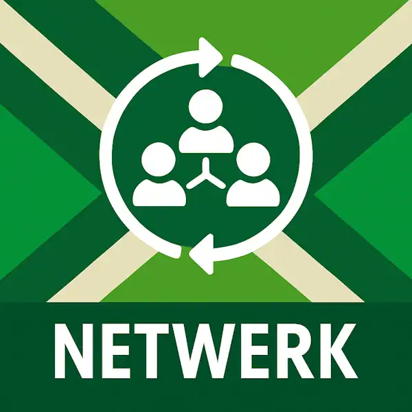 Logo voor netwerk (business): drie witte gestileerde figuren verbonden in een netwerkstructuur met cirkelvormige pijlen eromheen, geplaatst op de correcte Achterhoekse vlag met lichtgroene en donkergroene vlakken en helderwitte kruisen, met daaronder de tekst NETWERK in hoofdletters op een donkergroene balk over de volledige breedte.