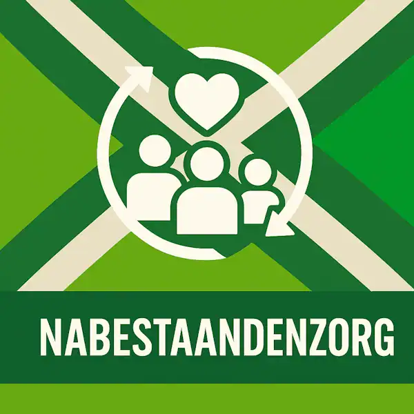 Logo voor nabestaandenzorg: drie witte menselijke figuren met een hart erboven, omringd door cirkelvormige pijlen, geplaatst op de correcte Achterhoekse vlag met lichtgroene en donkergroene diagonale vlakken en helderwitte kruisen, met daaronder de tekst NABESTAANDENZORG in hoofdletters op een donkergroene balk over de volledige breedte.