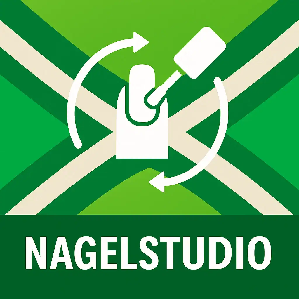 Logo voor nagelstudio: een wit icoon van een nagel met nagellakborstel, omringd door cirkelvormige pijlen, geplaatst op de correcte Achterhoekse vlag met lichtgroene en donkergroene diagonale vlakken en helderwitte kruisen, met daaronder de tekst NAGELSTUDIO in hoofdletters op een donkergroene balk over de volledige breedte.