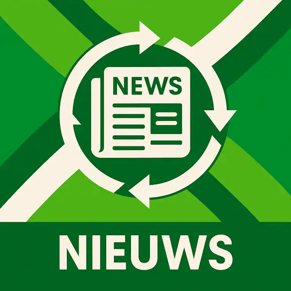Logo voor nieuws: een wit icoon van een krant met het woord NEWS, omringd door cirkelvormige pijlen, geplaatst op de correcte Achterhoekse vlag met lichtgroene en donkergroene vlakken en helderwitte kruisen, met daaronder de tekst NIEUWS in hoofdletters op een donkergroene balk over de volledige breedte.