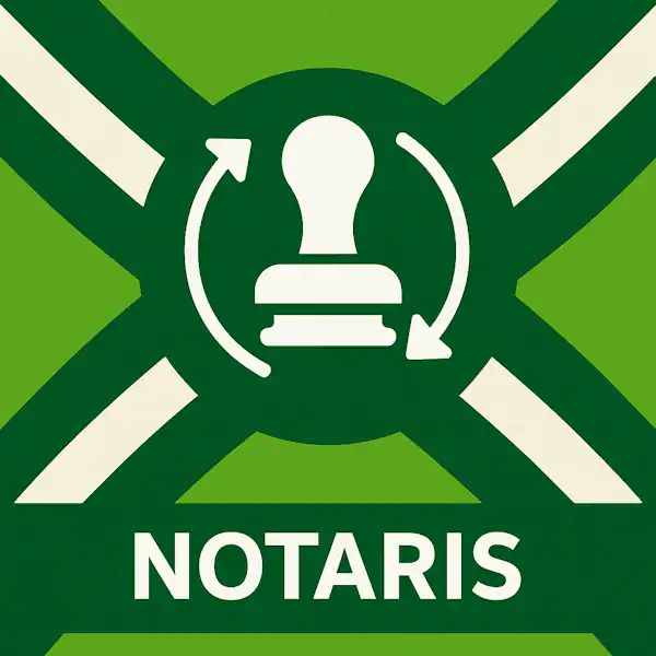 Logo voor notaris: een wit icoon van een stempel, omringd door cirkelvormige pijlen, geplaatst op de correcte Achterhoekse vlag met lichtgroene en donkergroene diagonale vlakken en helderwitte kruisen, met daaronder de tekst NOTARIS in hoofdletters op een donkergroene balk over de volledige breedte.