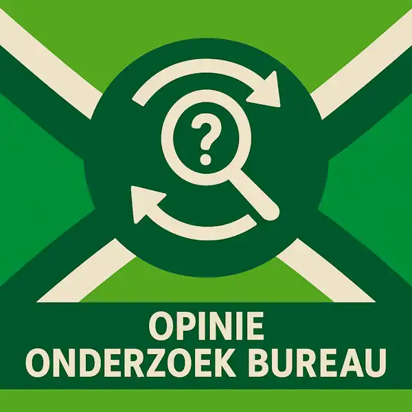 Logo voor opinie onderzoek bureau: een wit vergrootglas met vraagteken, omringd door cirkelvormige pijlen, geplaatst op de correcte Achterhoekse vlag met lichtgroene en donkergroene diagonale vlakken en helderwitte kruisen, met daaronder de tekst OPINIE ONDERZOEK BUREAU in hoofdletters op een donkergroene balk over de volledige breedte.