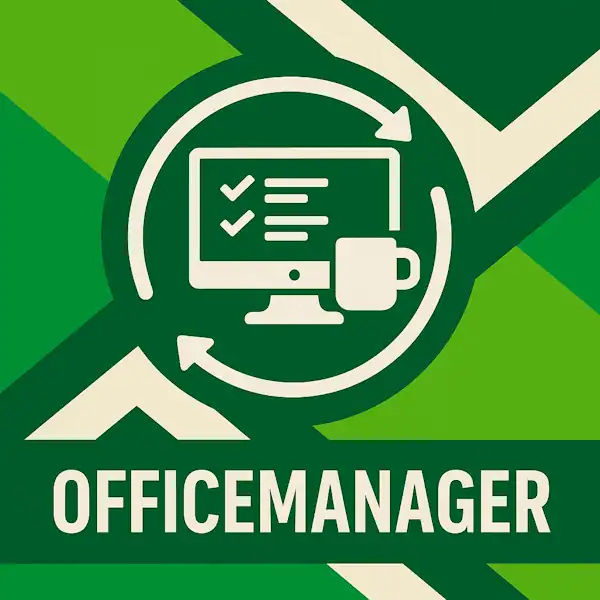 Logo voor officemanager: een wit computerscherm met checklist en koffiekopje, omringd door cirkelvormige pijlen, geplaatst op de correcte Achterhoekse vlag met lichtgroene en donkergroene diagonale banen en helderwitte kruisen, met daaronder de tekst OFFICEMANAGER in hoofdletters op een donkergroene balk over de volledige breedte.