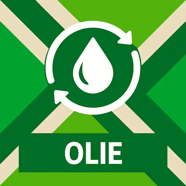 Logo voor olie: een wit oliedruppelicoon omringd door cirkelvormige pijlen, geplaatst op de correcte Achterhoekse vlag met lichtgroene en donkergroene diagonale vlakken en helderwitte kruisen, met daaronder de tekst OLIE in hoofdletters op een donkergroene balk over de volledige breedte.