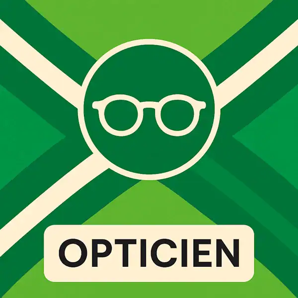 Vierkant logo (600x600) voor de categorie "Opticien" op AchterhoekInformatie.nl, met een bril-pictogram in een groene cirkel, geplaatst op de Achterhoekse vlag als achtergrond. De tekst
