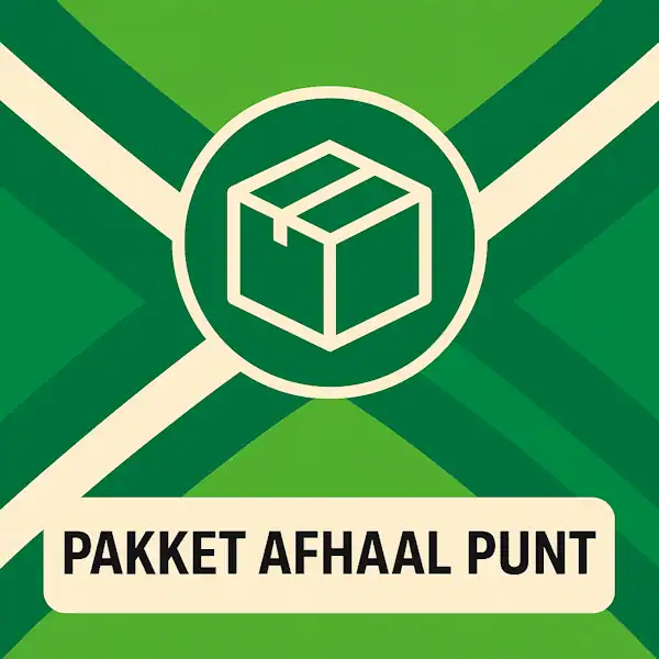 Vierkant logo (600x600) voor de categorie "Pakket Afhaal Punt" op AchterhoekInformatie.nl, met een wit pictogram van een pakketdoos in een groene cirkel, geplaatst op de Achterhoekse vlag. Onder het pictogram staat "PAKKET AFHAAL PUNT" in zwarte hoofdletters op een crèmekleurige balk.