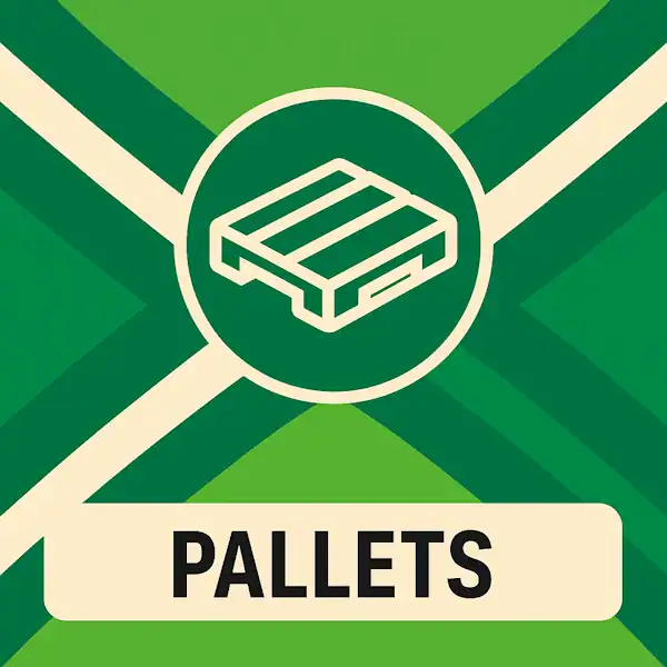 Vierkant logo (600x600) voor de categorie "Pallets" op AchterhoekInformatie.nl, met een gestileerd pictogram van een pallet in een groene cirkel, geplaatst op de Achterhoekse vlag. Onder het pictogram staat "PALLETS" in zwarte hoofdletters op een crèmekleurige balk.