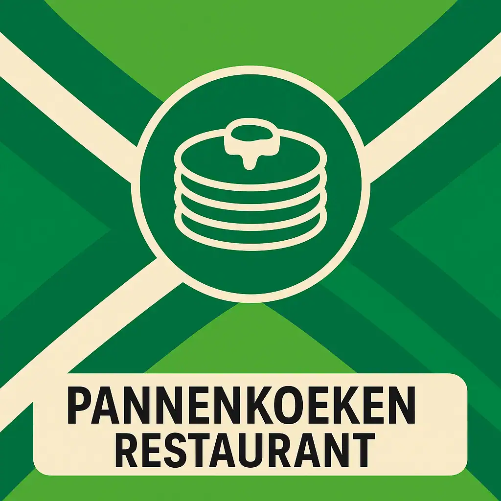Vierkant logo (600x600) voor de categorie "Pannenkoeken Restaurant" op AchterhoekInformatie.nl, met een gestileerde stapel pannenkoeken in een groene cirkel op de Achterhoekse vlag. De tekst "PANNENKOEKEN RESTAURANT" staat eronder in zwarte hoofdletters op een crèmekleurige balk.
