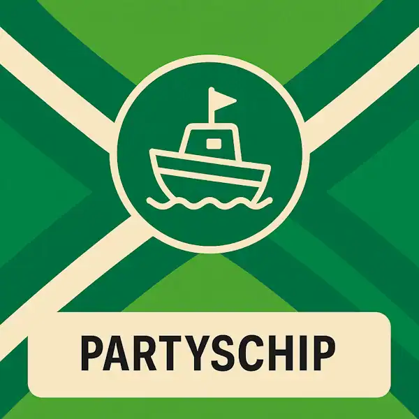 Vierkant logo (600x600) voor de categorie "Partyschip" op AchterhoekInformatie.nl, met een pictogram van een feestelijk schip met vlag in een groene cirkel, op de Achterhoekse vlag. De tekst "PARTYSCHIP" staat eronder in zwarte hoofdletters op een crèmekleurige banner.