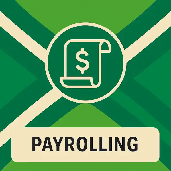 Vierkant logo (600x600) voor de categorie "Payrolling" op AchterhoekInformatie.nl, met een pictogram van een loonstrook met dollarteken in een groene cirkel, geplaatst op de Achterhoekse vlag. Onder het pictogram staat "PAYROLLING" in zwarte hoofdletters op een crèmekleurige banner.