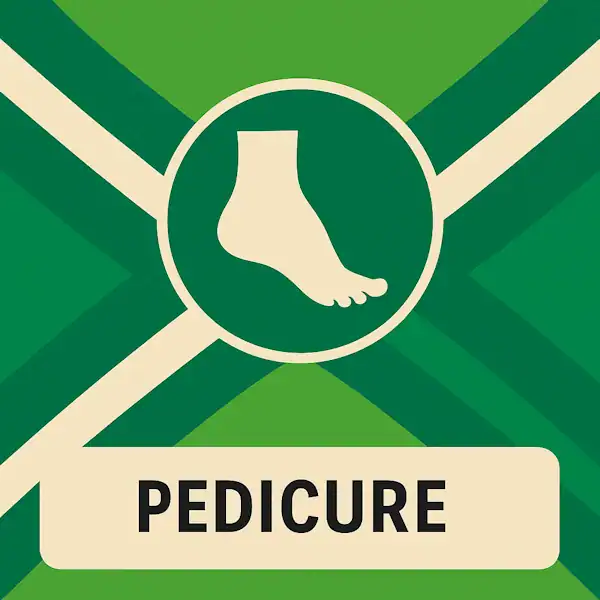 Vierkant logo (600x600) voor de categorie "Pedicure" op AchterhoekInformatie.nl, met een pictogram van een voet in een groene cirkel, geplaatst op de Achterhoekse vlag. Onder het pictogram staat "PEDICURE" in zwarte hoofdletters op een crèmekleurige banner.