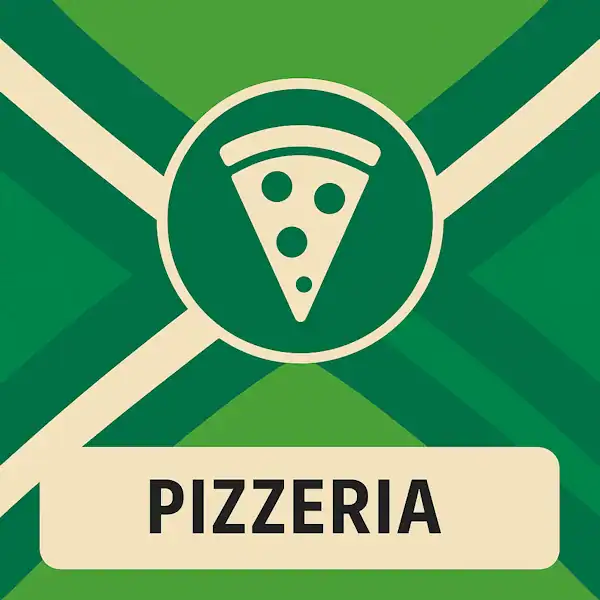Vierkant logo (600x600) voor de categorie "Pizzeria" op AchterhoekInformatie.nl, met een pictogram van een pizzapunt in een groene cirkel, geplaatst op de Achterhoekse vlag. Onder het pictogram staat "PIZZERIA" in zwarte hoofdletters op een crèmekleurige banner.
