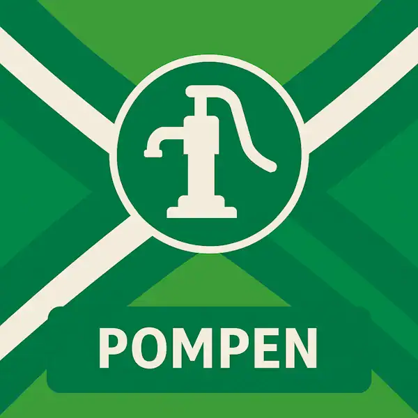 Vierkant logo (600x600) voor de categorie "Pompen" op AchterhoekInformatie.nl, met een witte waterpomp in een groene cirkel op de Achterhoekse vlag. De tekstbalk is donkergroen met witte hoofdletters "POMPEN", en de overige crèmekleurige elementen zijn wit gemaakt.