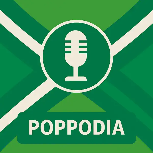 Vierkant logo (600x600) voor de categorie "Poppodia" op AchterhoekInformatie.nl, met een witte microfoon in een groene cirkel op de Achterhoekse vlag. De tekstbalk is donkergroen met witte hoofdletters "POPPODIA", en de crèmekleurige elementen zijn wit gemaakt.