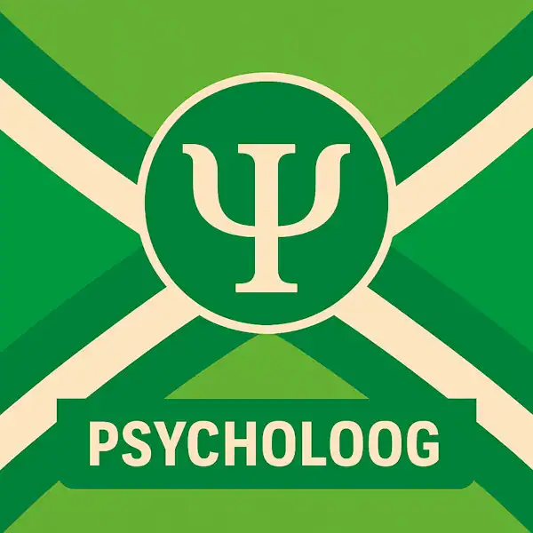 Vierkant logo (600x600) voor de categorie "Psycholoog" op AchterhoekInformatie.nl, met het correcte ontwerp van de Achterhoekse vlag als achtergrond. In het midden staat een wit psi-symbool in een donkergroene cirkel. De tekst "PSYCHOLOOG" staat in witte hoofdletters op een donkergroene tekstbalk. Alle crèmekleurige elementen zijn wit gemaakt.